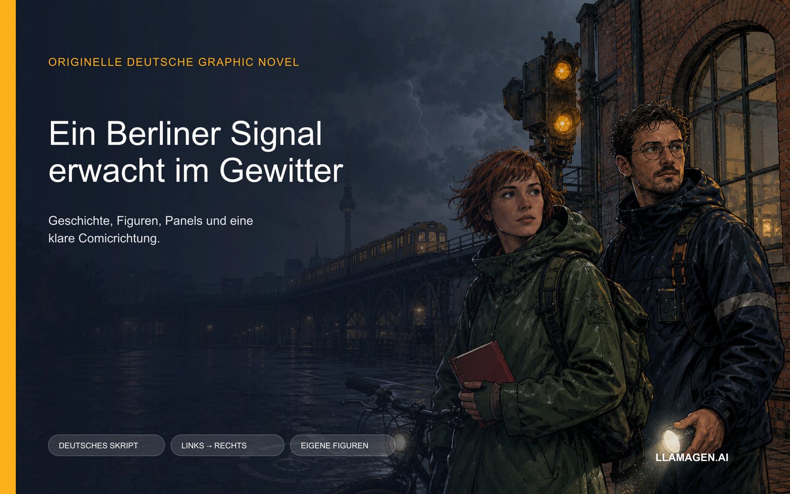 Deutsche Graphic-Novel-Posterillustration mit Berliner Fahrradkurierin, Signaltechniker, Hochbahn und leuchtendem Signal