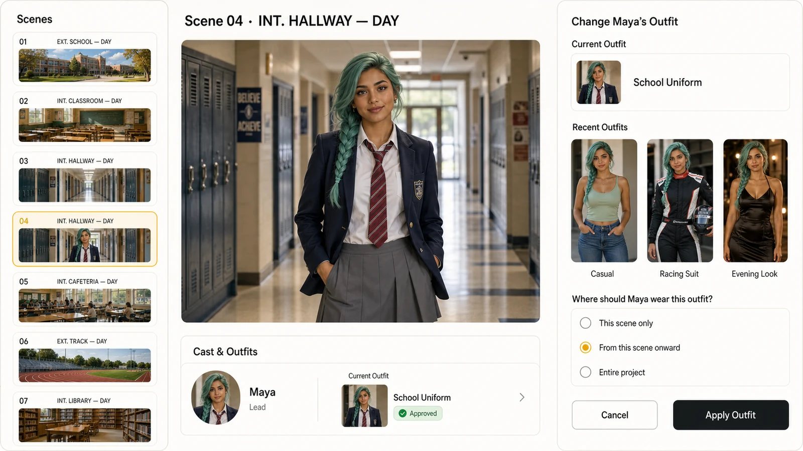 LlamaGen storyboard editor showing a photorealistic character, recent outfits, and controls for applying an outfit from the current scene onward