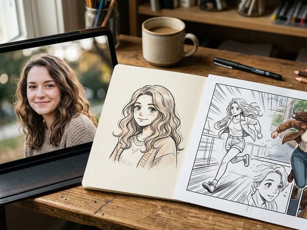 صورة شخصية حقيقية على جهاز لوحي بجانب رسم تخطيطي لشخصية أصلية ولوحات قصصية ملوّنة