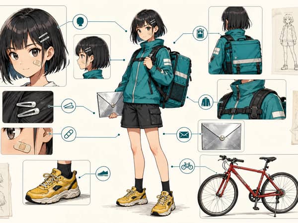 A visual comic character lock file with face, hair, outfit, prop, and color anchors