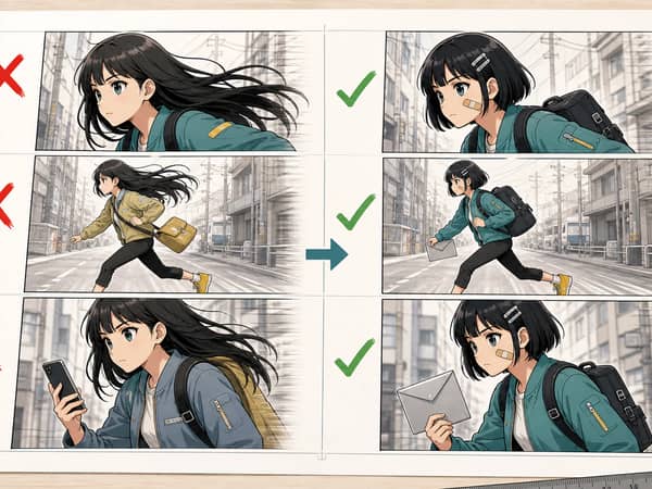 A before and after comic repair pass showing character drift restored to the approved design
