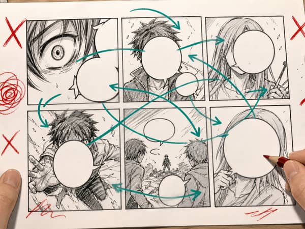 A confusing comic layout with equal panels, crossing reader-flow arrows, and bubble space covering key faces