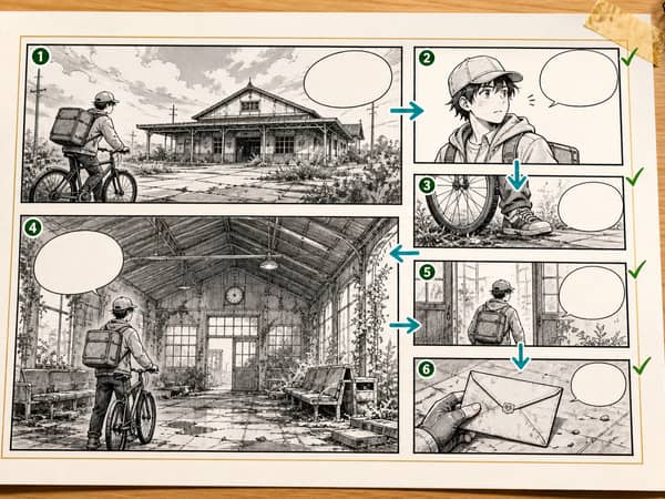 A repaired comic layout with clear reader-flow arrows and safe empty bubble space