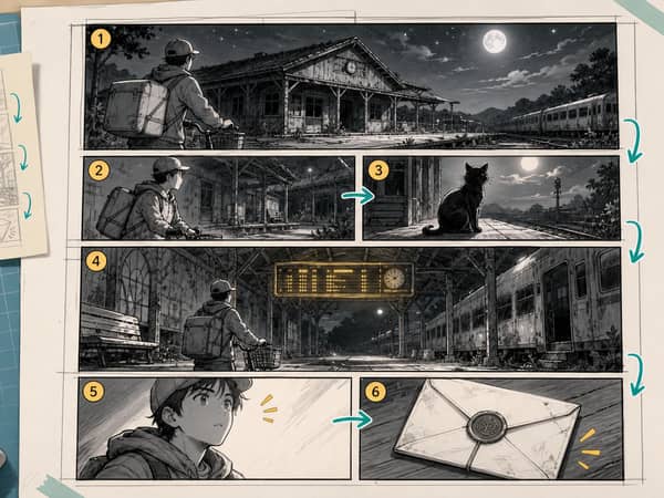 A six-panel manga thumbnail layout with a wide setup panel, large reveal panel, and small insert panel