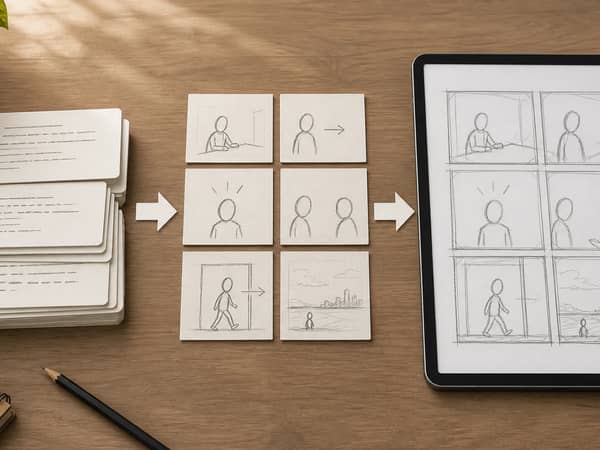 A visual workflow showing script cards turning into beat cards and then into a rough comic thumbnail page