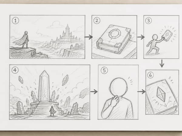 A six-panel rough comic thumbnail page with numbered panels and clear reading arrows