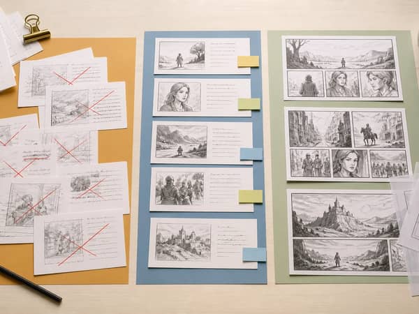 A cut, keep, and visualize adaptation board for turning prose into comic panels