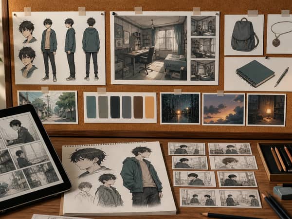 A visual bible desk with character, location, prop, mood, and storyboard reference cards