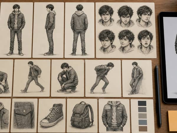 A character lock file with front, side, back, expression, pose, outfit, and accessory reference cards