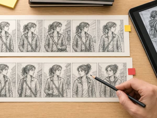 A continuity review board comparing consistent and drifting character panels
