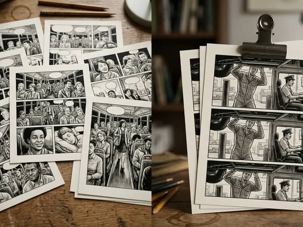 Acht voneinander getrennte KI-Bilder im Vergleich zu einer fixierten Comicbuch-Besetzung