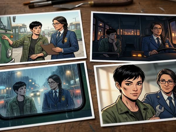 The same two comic characters held consistent across four lighting setups