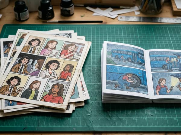 Broken one-prompt comic pages beside a repaired eight-page book spread
