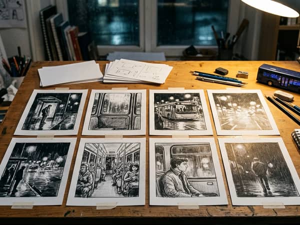 An eight-page comic book plan from script cards to thumbnail pages