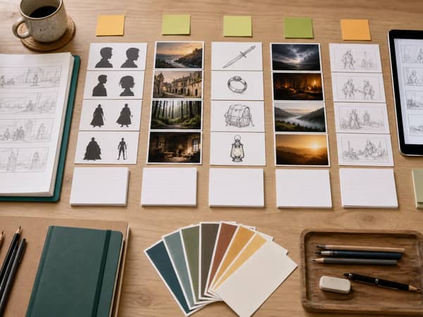 A story bible category board with character silhouettes, locations, props, mood references, and storyboard cards
