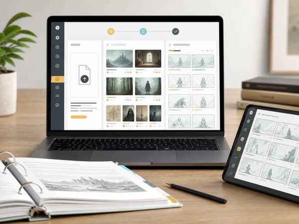 A Story AI style upload workflow where a story bible becomes visual bible assets and storyboard panels