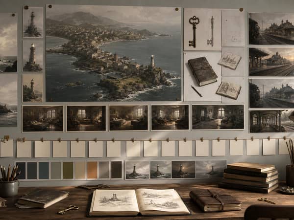 A long-form fiction visual bible wall showing recurring locations, props, mood, and timeline assets