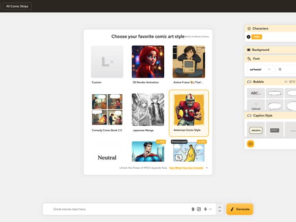 LlamaGen.AI comic workspace with panel and bubble controls