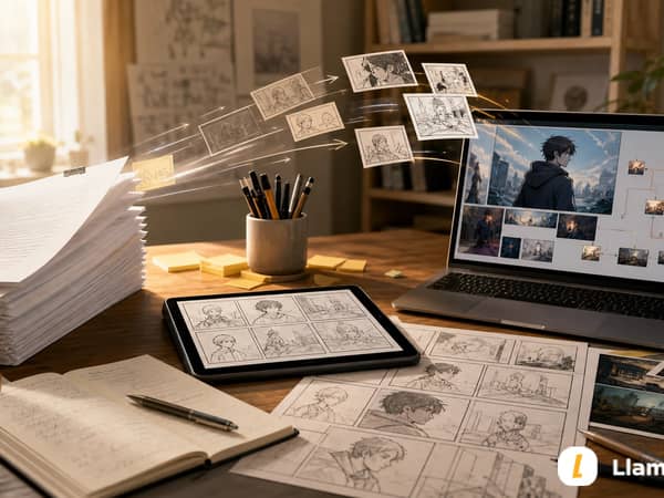 A manuscript turning into comic panels and a visual novel scene workflow