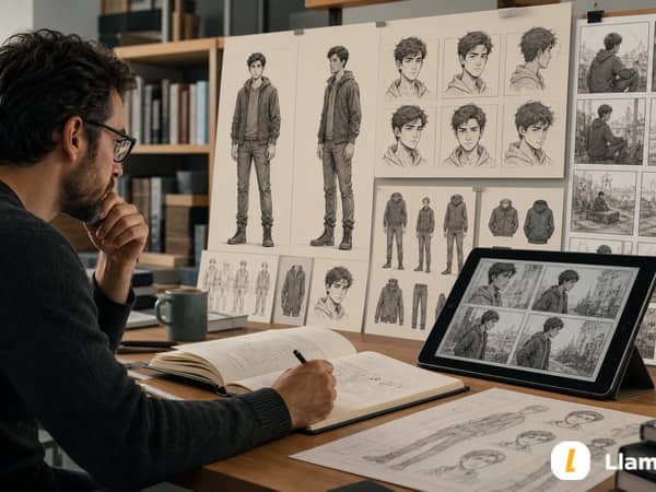 A writer reviewing character continuity sheets and repeated comic panels