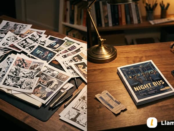 Ein Stapel einzelner KI-Comicbilder neben einem fertigen achtseitigen Mini-Comicbuch