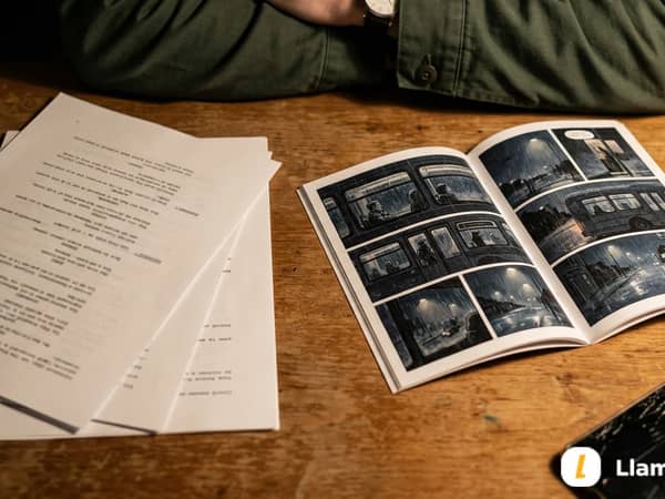 A writer's script becoming a printed eight-page AI comic book on a studio desk