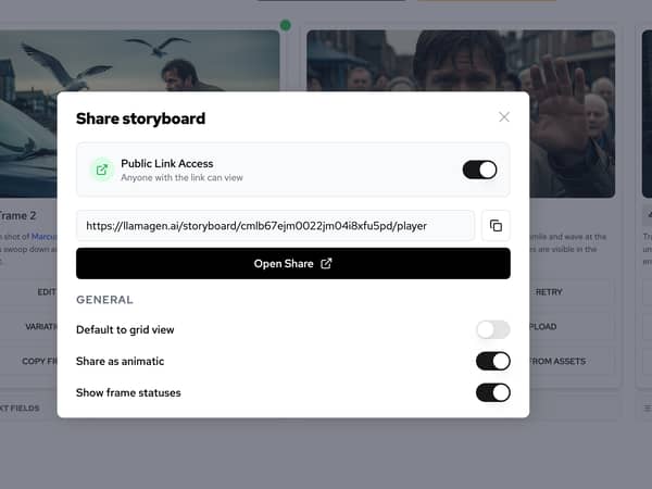 LlamaGen.AI storyboard sharing and frame grid screenshot
