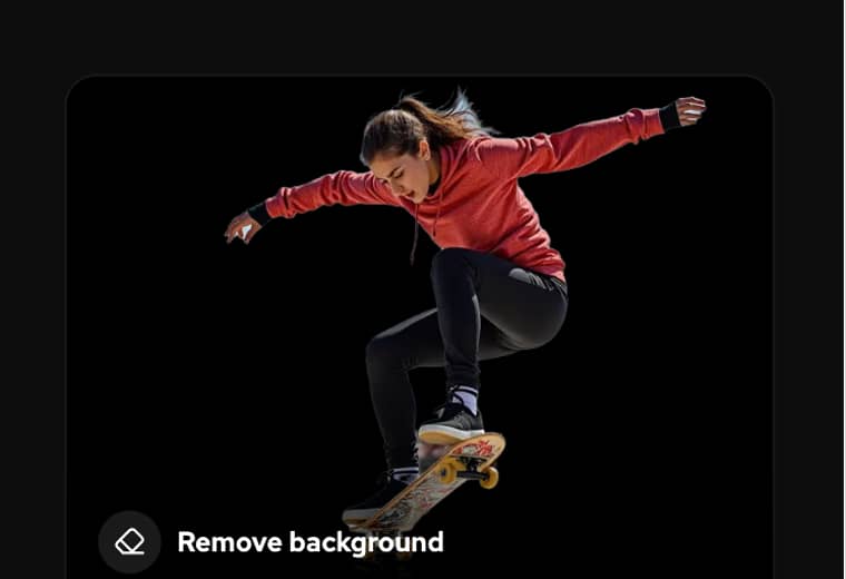 Et fuldskærmsvindue med "AI image tools" viser en stor forhåndsvisning af en skateboarder med et "Remove background"-mærke, hvilket indikerer