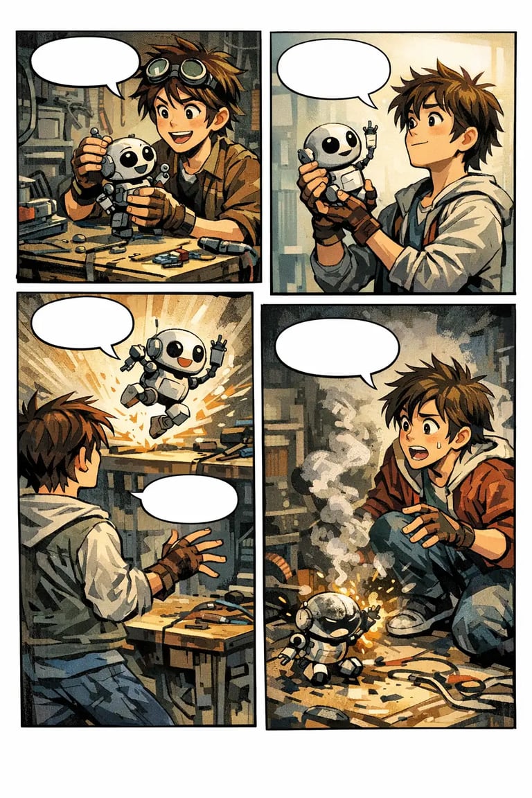 Generic AI comic output with inconsistent character identity and messy panel flow