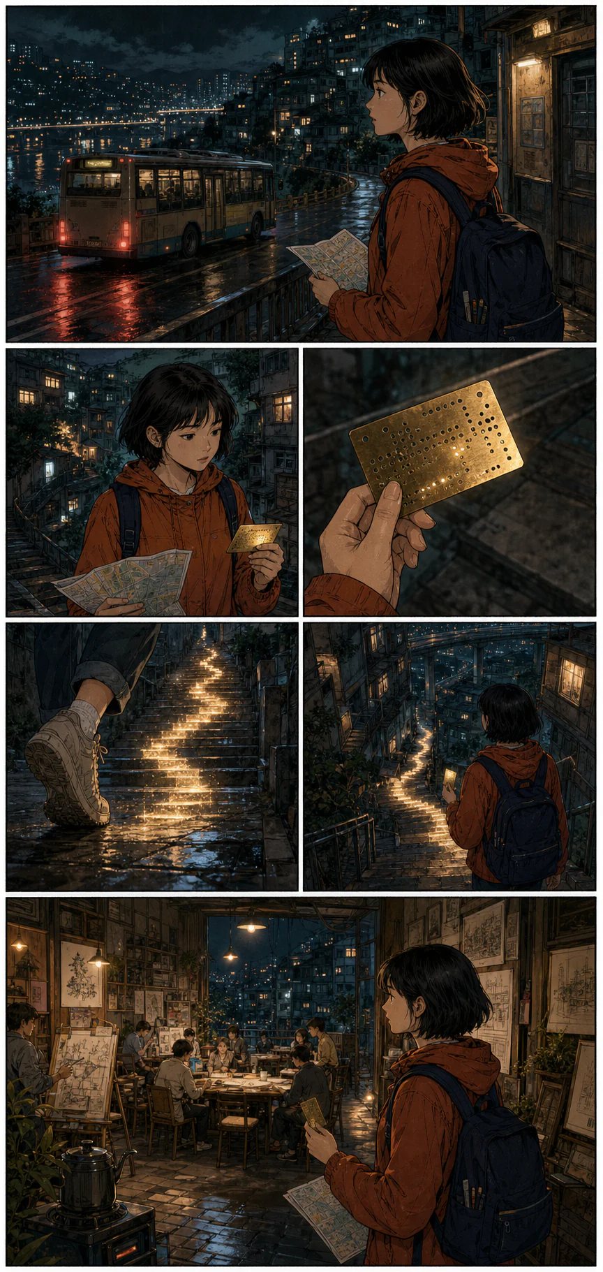 重庆山城插画师跟随发光路线卡走进深夜绘画室的六格漫画