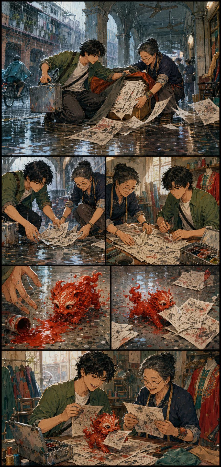 广州骑楼下漫画上色师与服装师抢救分镜稿的六格漫画