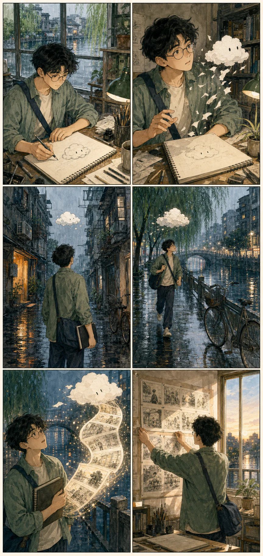 杭州雨夜分镜师跟随纸云找回完整故事的六格水彩漫画