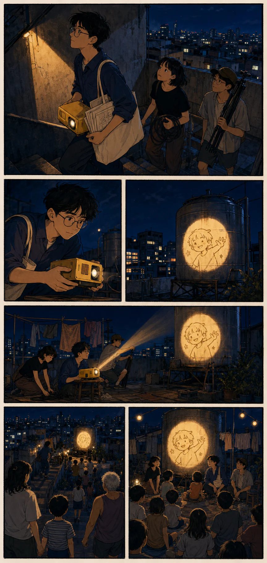 台中青年動畫創作者在停電夜晚舉辦屋頂放映的六格漫畫