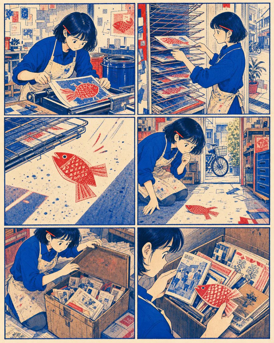 大阪の印刷工房で紙の魚が泳ぎ出す青と朱色のリソグラフ漫画