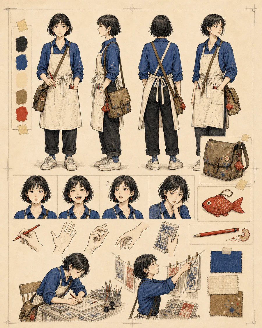 大阪の女性ジン作家を複数方向と表情で描いたキャラクター設定