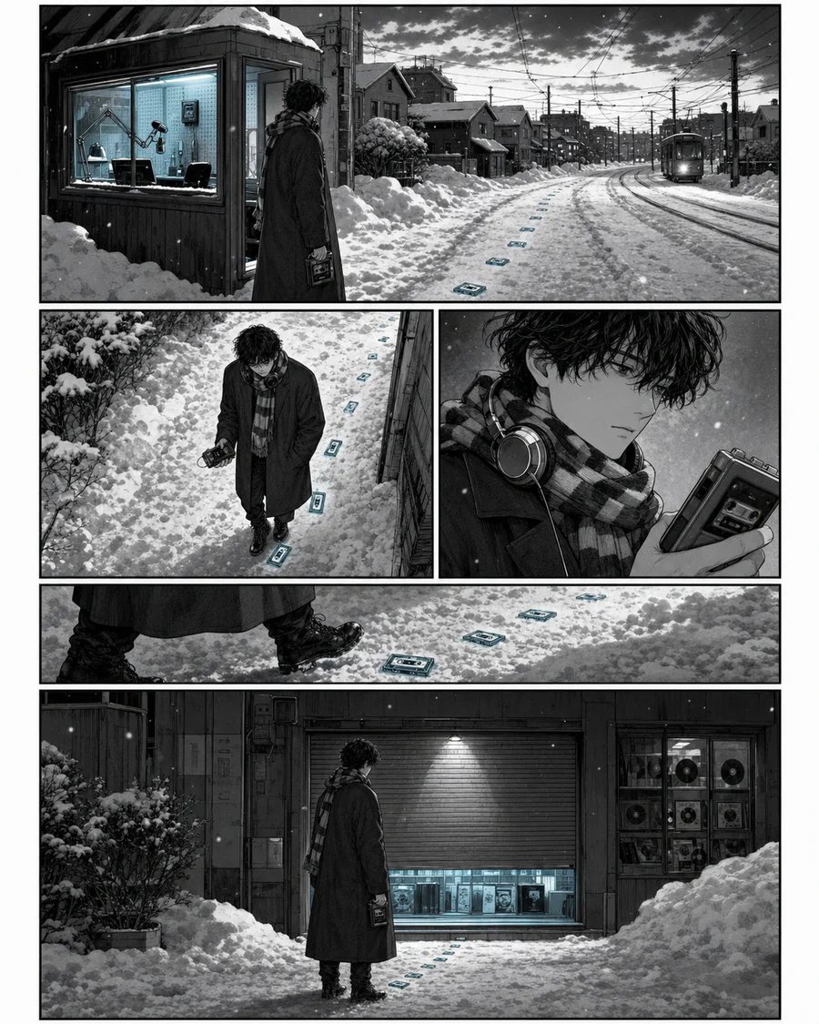 札幌の雪道でカセットテープの足跡を追う黒白と水色の青年漫画