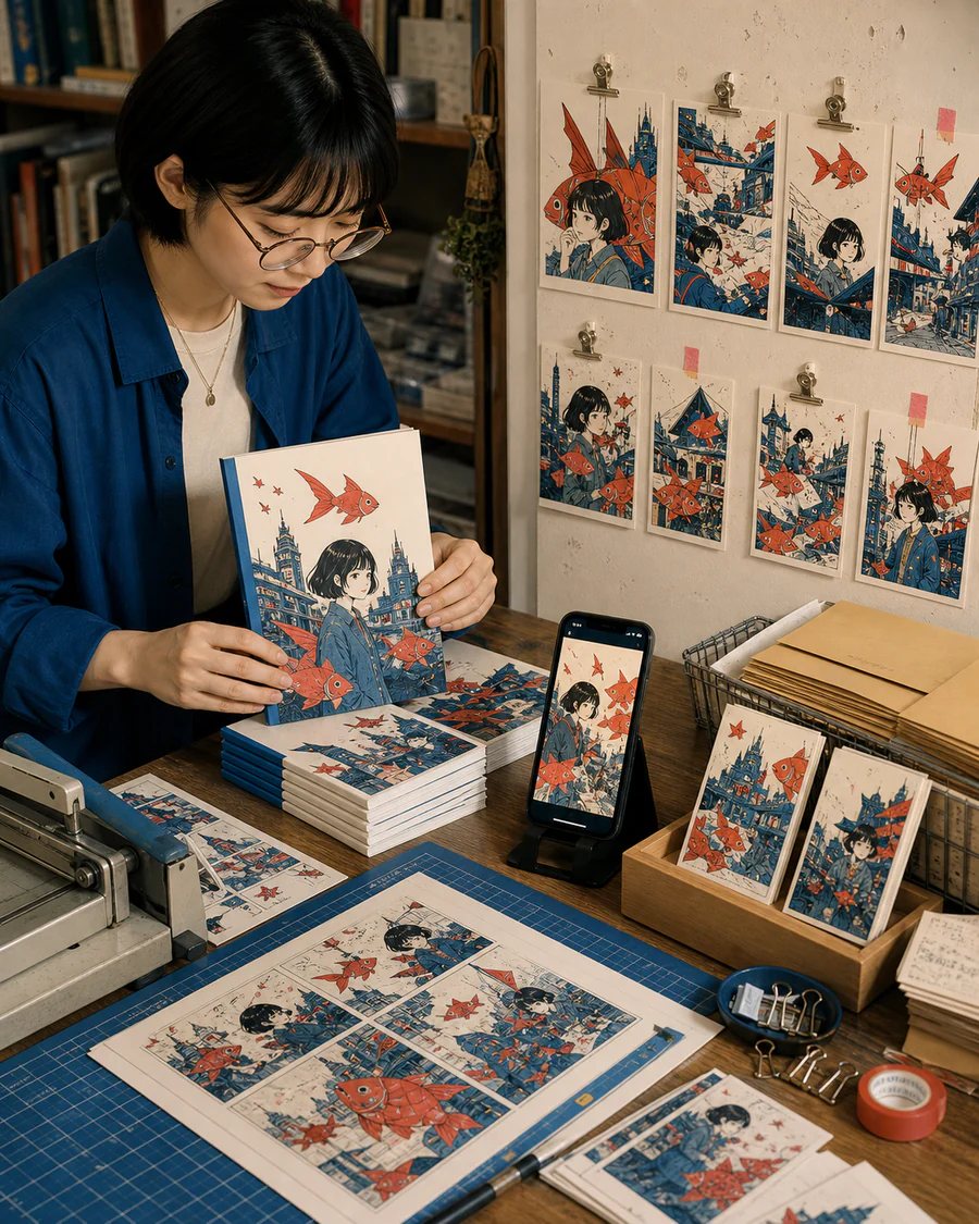 日本の漫画家が漫画ページを同人誌にまとめる小出版の制作風景