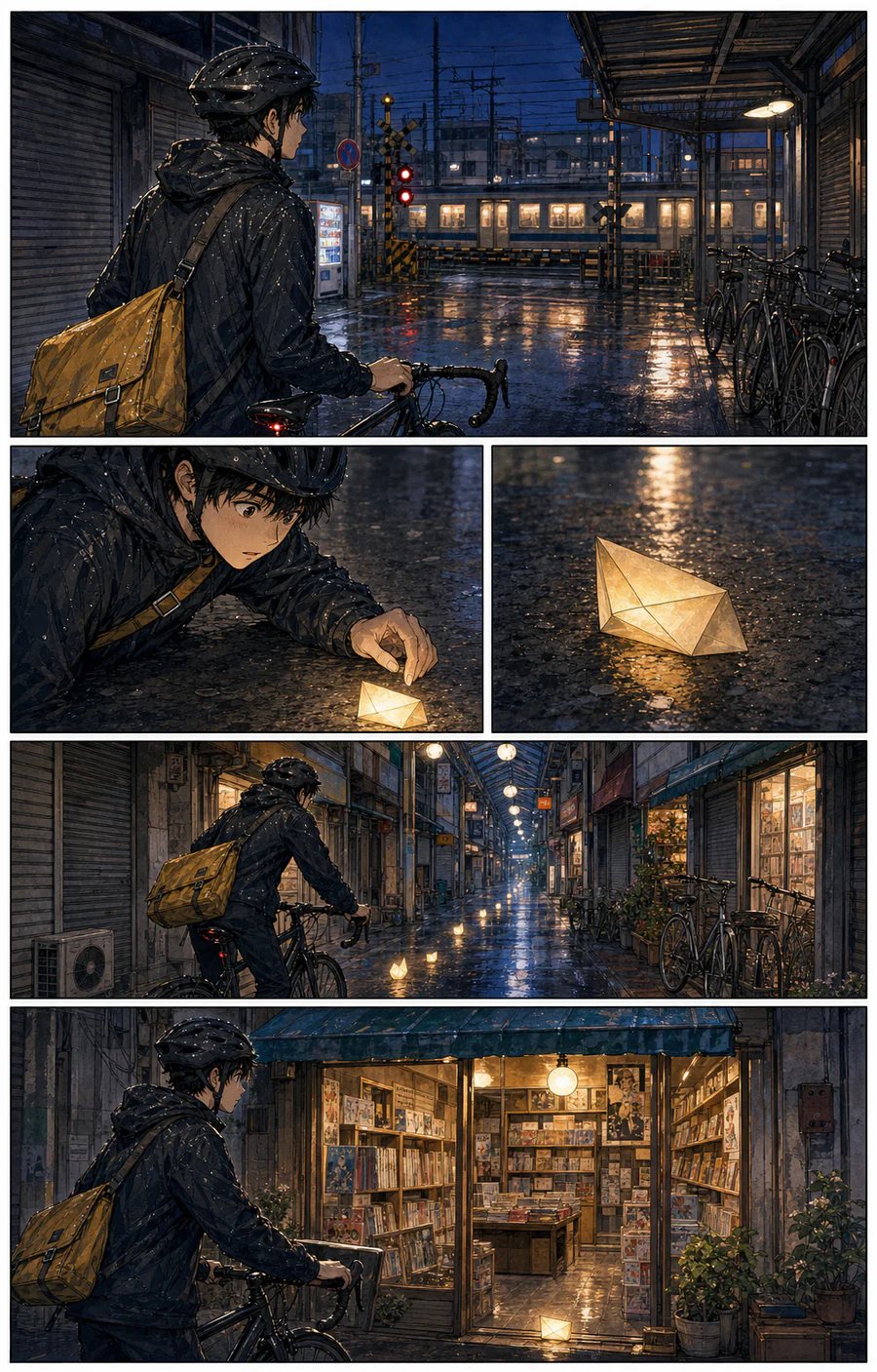 雨の東京で漫画家が光る紙のシグナルを追う映画的なカラー漫画