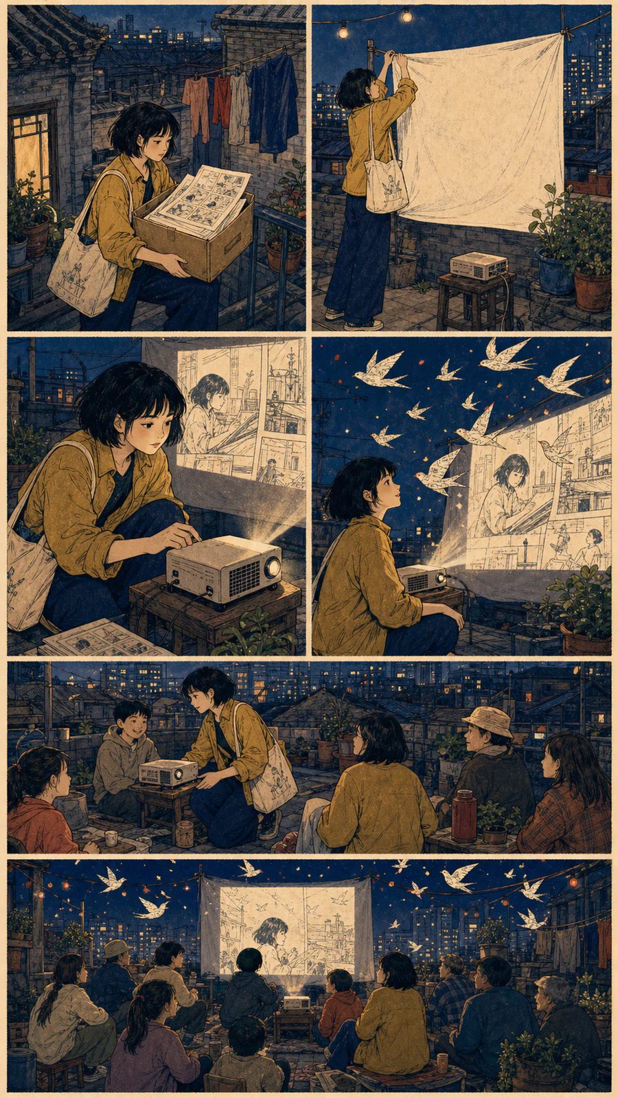 北京胡同屋顶上独立漫画作者与读者一起观看漫画投影的六格作品