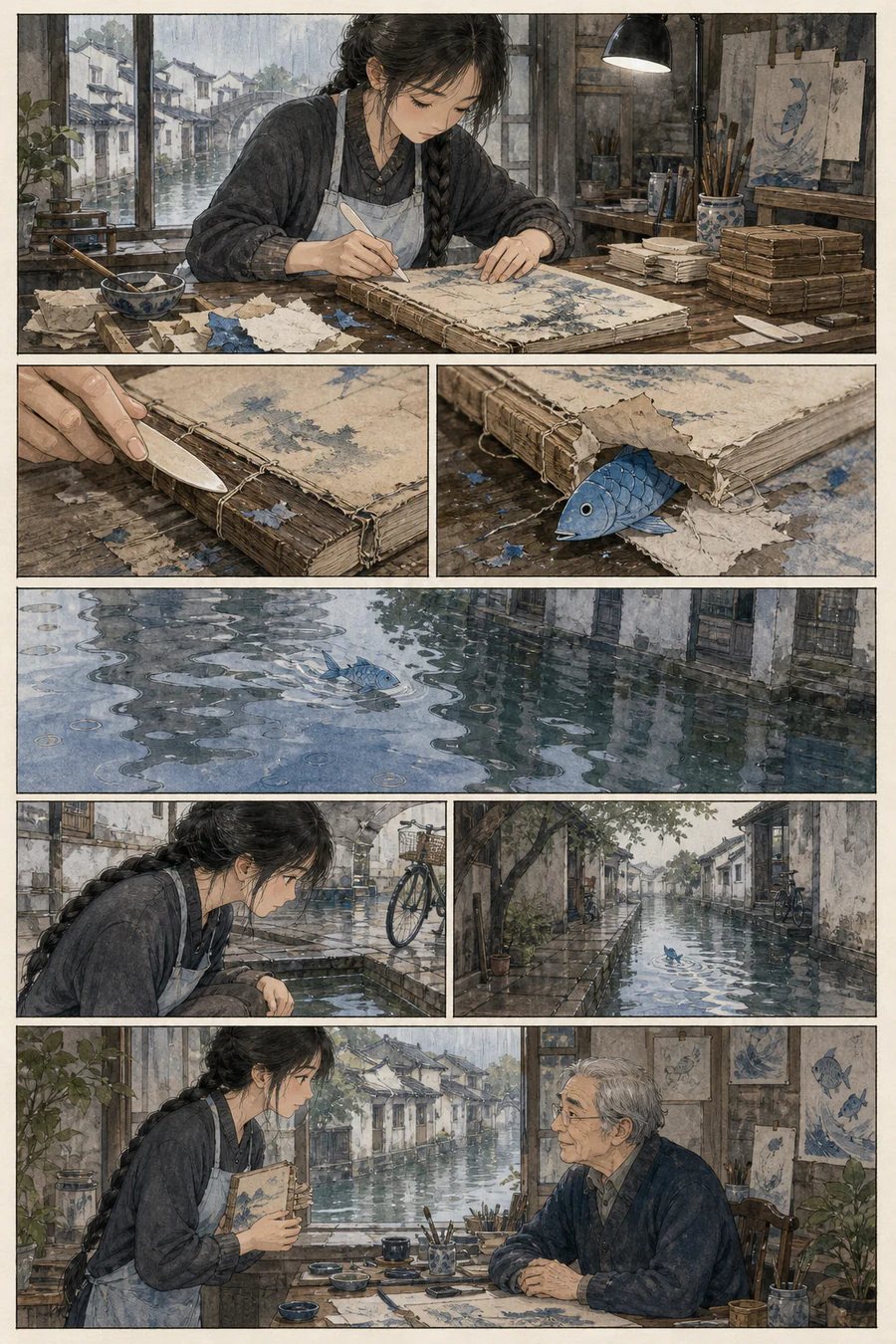 苏州修书学徒跟随蓝色纸鱼找到老插画家的六格漫画
