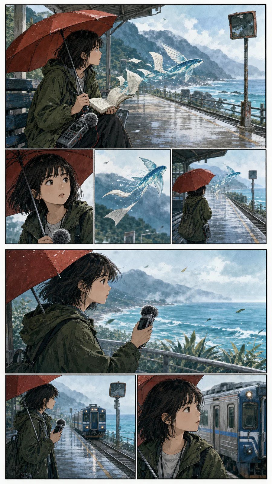 花蓮海線月台錄音師跟隨藍色紙飛魚的六格漫畫