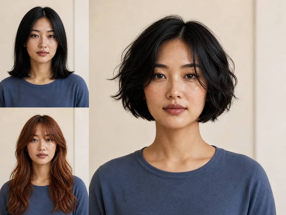Fictional synthetic model shown with three different AI hairstyles