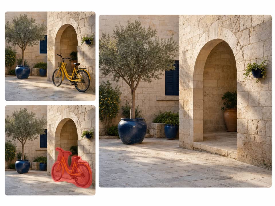 Courtyard photo shown before, selected, and after a bicycle is removed