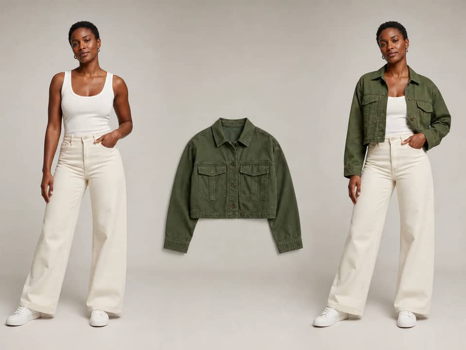 Fictional synthetic model, green jacket packshot, and virtual try-on result