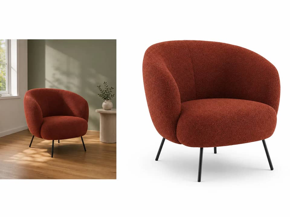 Unbranded lounge chair shown in a room and on a clean white background