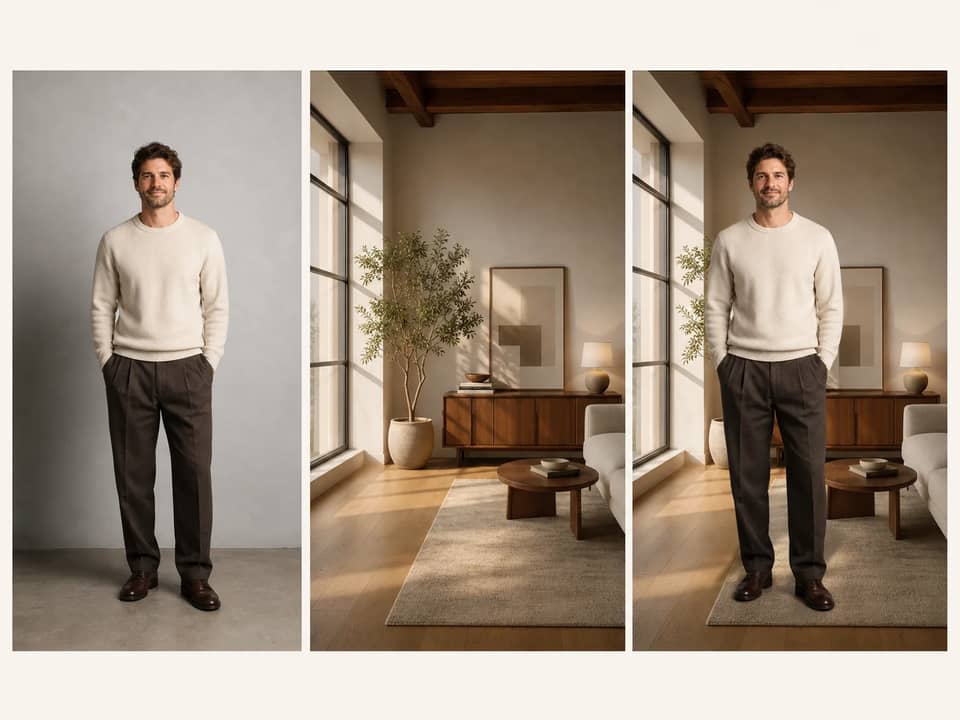Fictional synthetic portrait, warm interior background, and final AI background change shown together