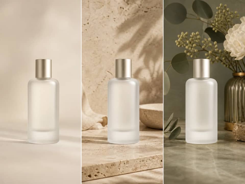Unbranded perfume bottle shown across clean AI-generated product backgrounds