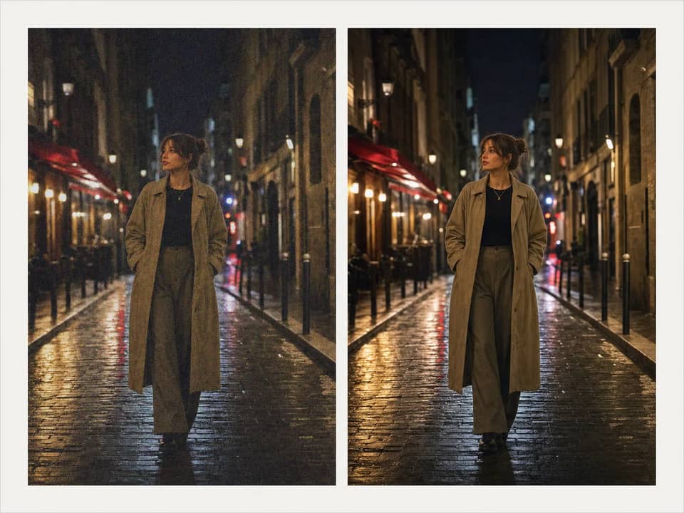 合成夜景照片，展示自然 AI 降噪前后的效果