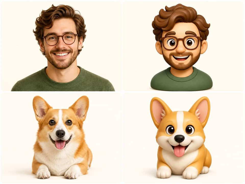 Fictional synthetic person and pet shown beside original custom 3D emoji versions