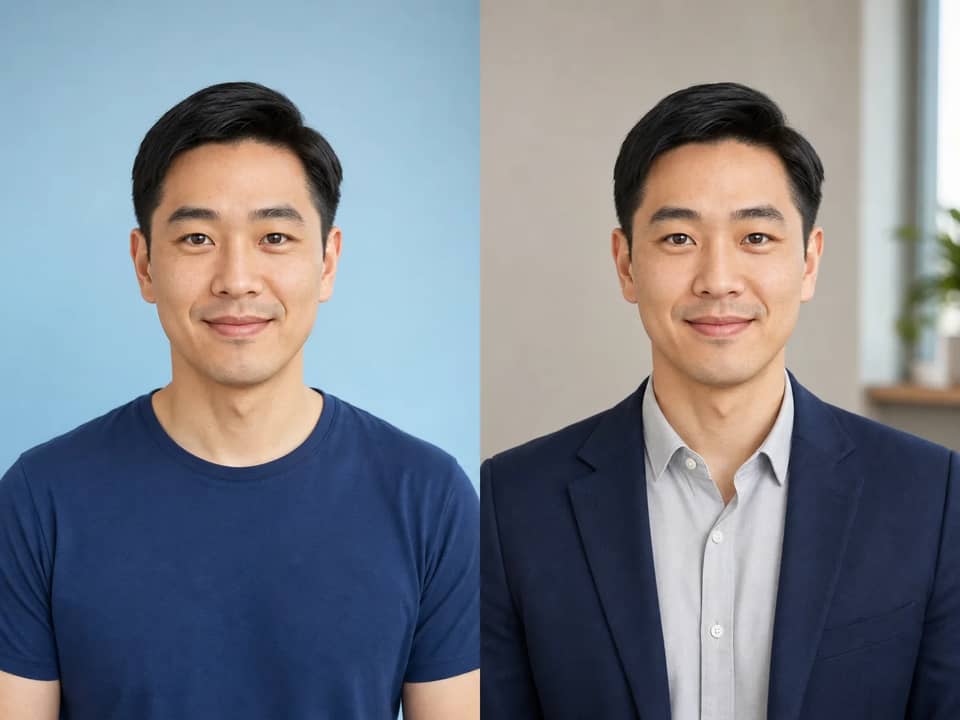 Fictional synthetic adult shown in a casual portrait and a professional AI headshot